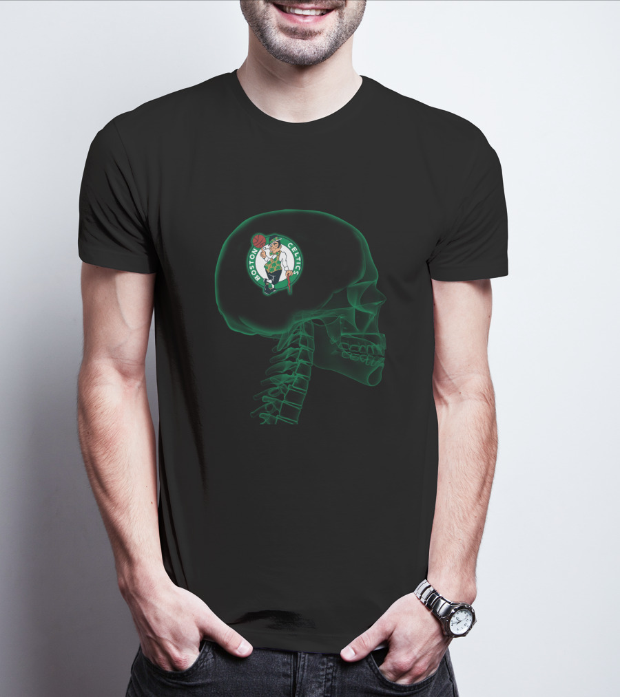Boston Celtics Logo In Skeleton Brain Halloween Concept T-Shirt