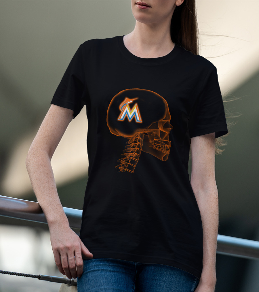 Miami Marlins Brain Skeleton Halloween Fan T-Shirt
