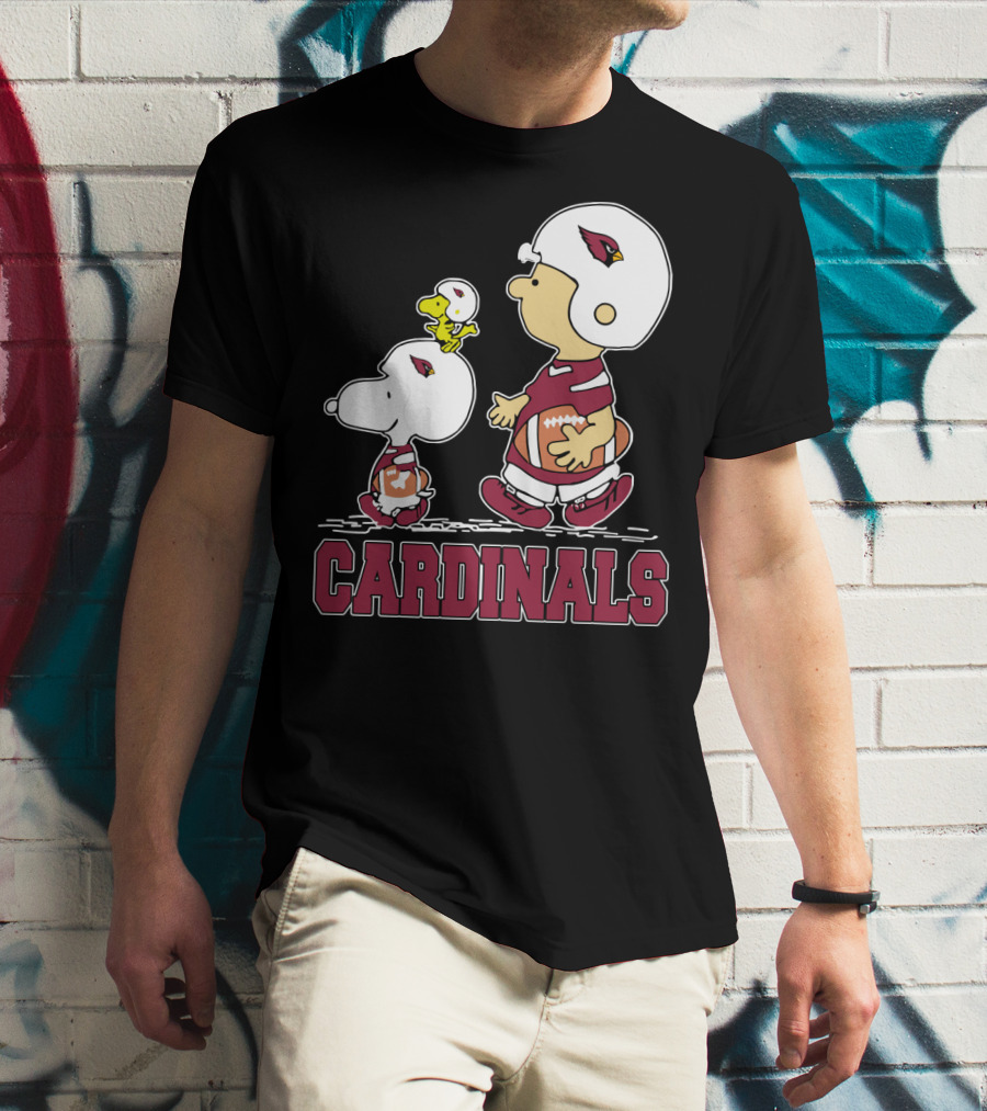 Snoopy And Woodstock With Cardinals Football Helmets And Team Spirit T-Shirt
