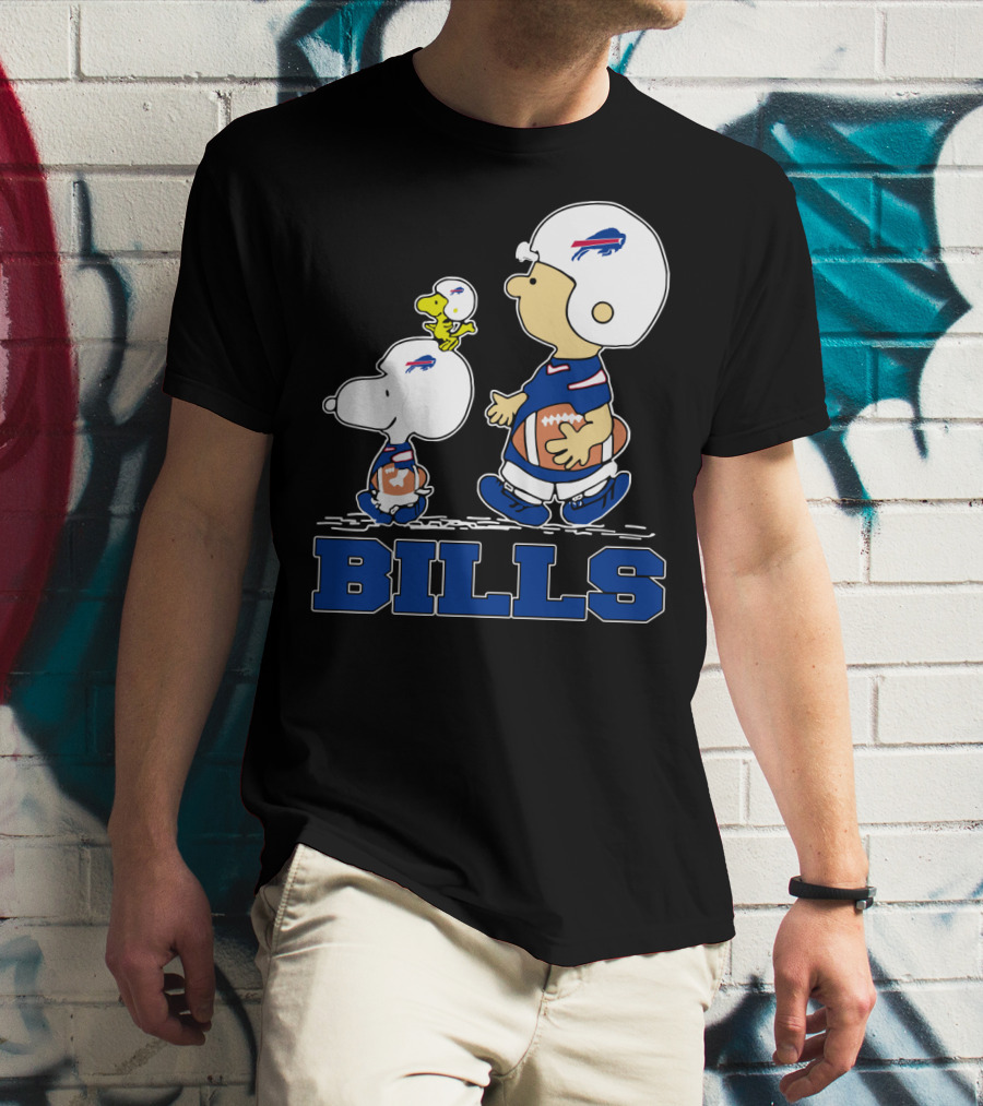 Snoopy And Woodstock In Buffalo Bills Helmets With Charlie Brown And Football T-Shirt