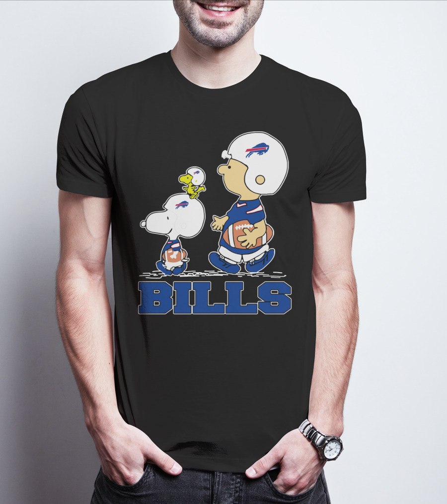Snoopy And Woodstock In Buffalo Bills Helmets With Charlie Brown And Football T-Shirt