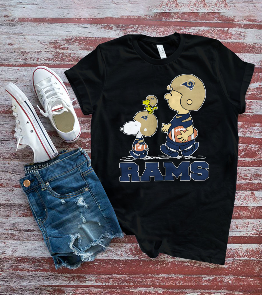 Snoopy And Woodstock With Los Angeles Rams Helmets And Football T-Shirt
