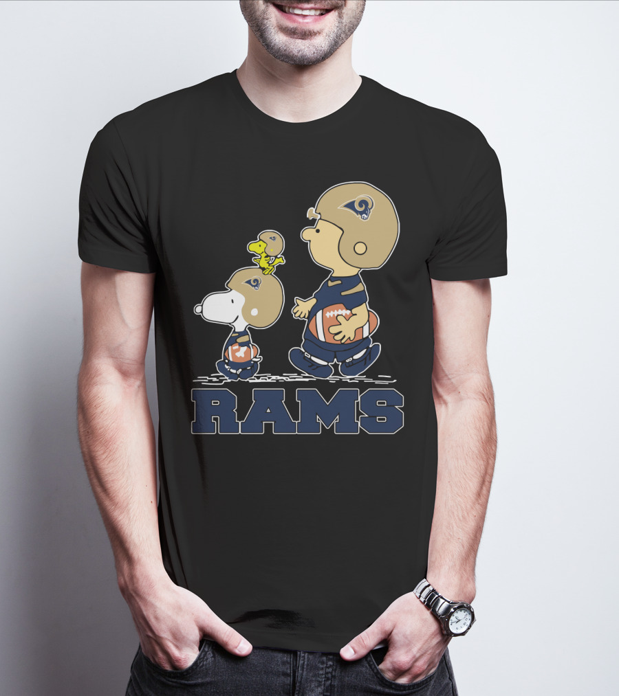 Snoopy And Woodstock With Los Angeles Rams Helmets And Football T-Shirt