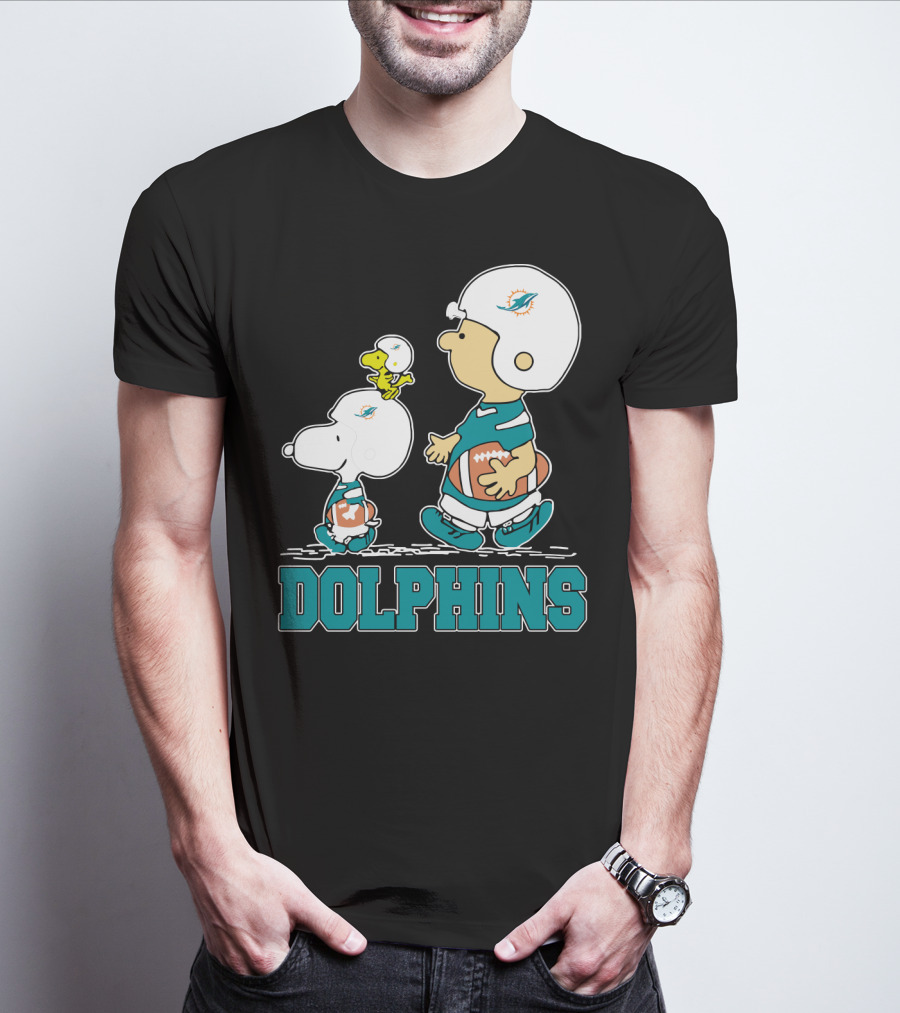 Snoopy Woodstock Miami Dolphins Football Fans Cartoon Helmets T-Shirt
