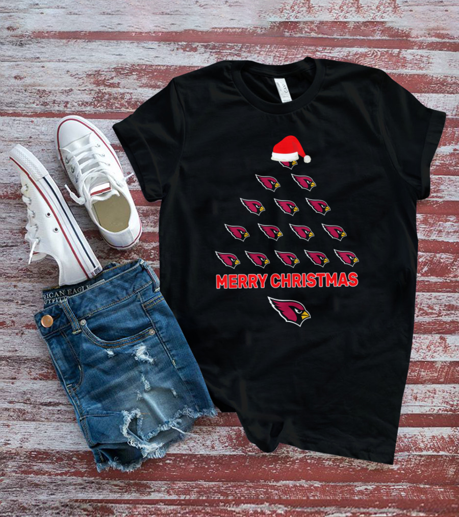 Merry Christmas Arizona Cardinals Tree With Santa Hat T-Shirt