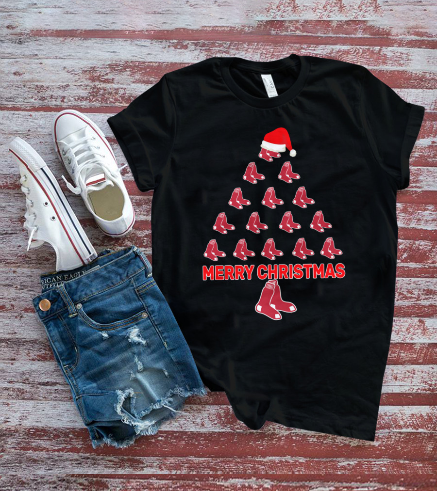 Merry Christmas Red Sox Fans Christmas Tree With Santa Hat T-Shirt