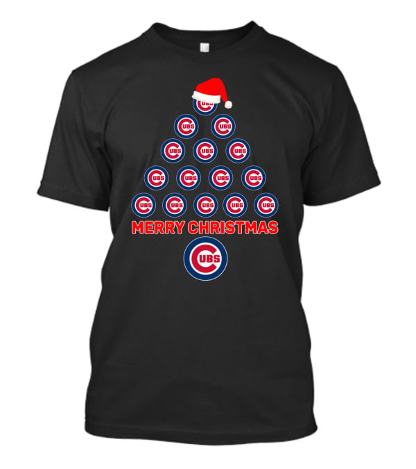 Merry Christmas Chicago Cubs Logo Tree With Santa Hat T-Shirt
