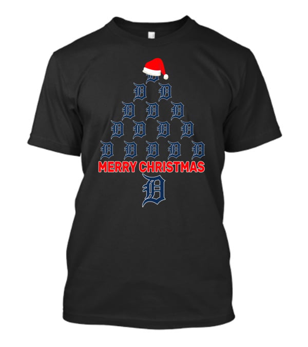 Merry Christmas Detroit Tigers Tree With Santa Hat T-Shirt