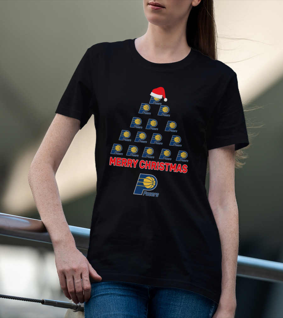 Merry Christmas Pacers Logo Christmas Tree With Santa Hat T-Shirt