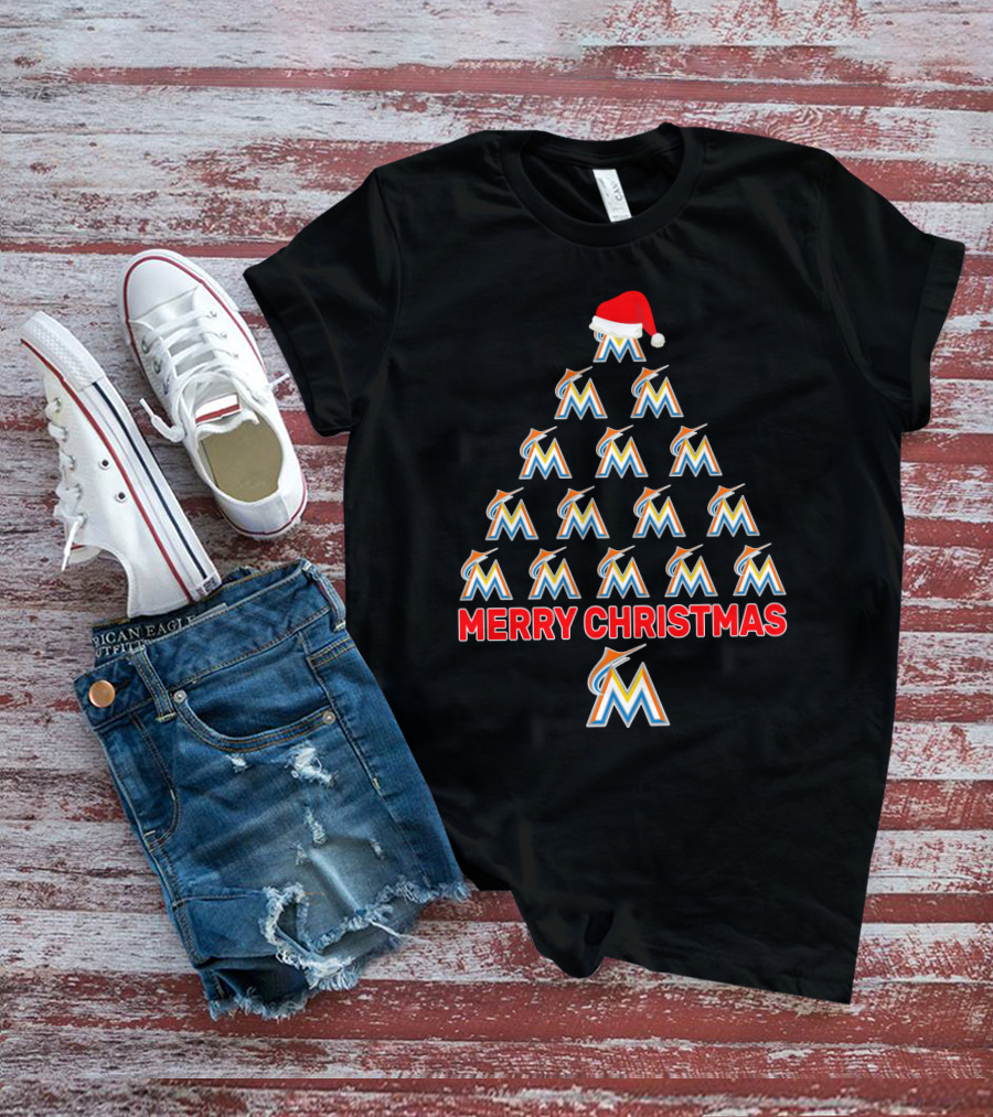 Merry Christmas Miami Marlins Logo Christmas Tree With Santa Hat T-Shirt