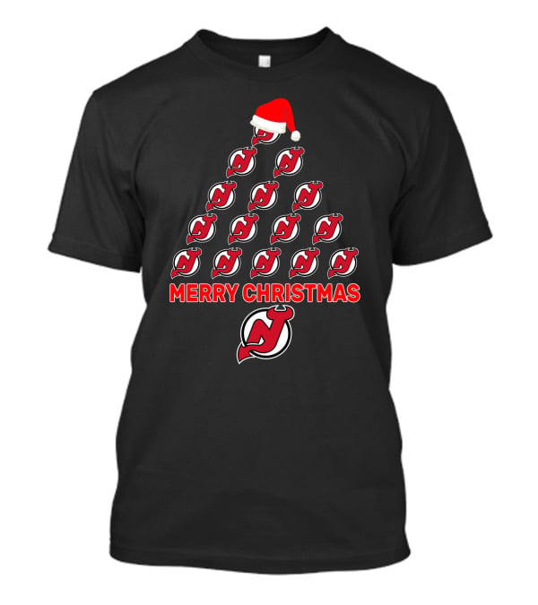 New Jersey Devils Christmas Tree With Santa Hat And Merry Christmas Message T-Shirt