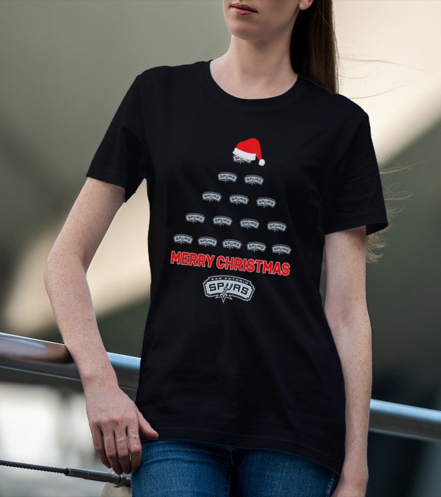 San Antonio Spurs Merry Christmas Tree With Santa Hat T-Shirt