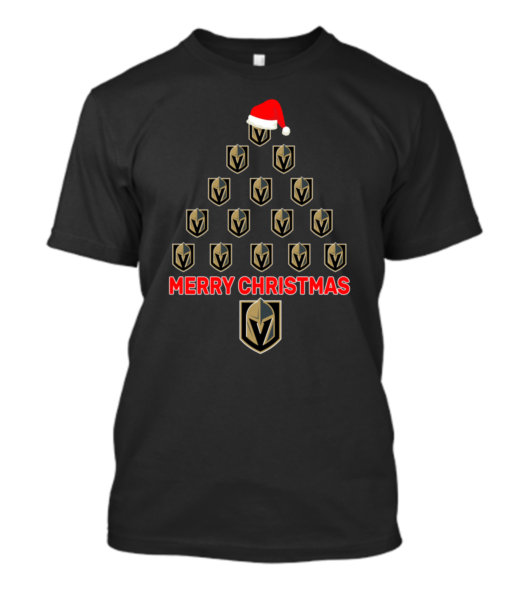 Merry Christmas Vegas Golden Knights Fan Christmas Tree With Santa Hat T-Shirt