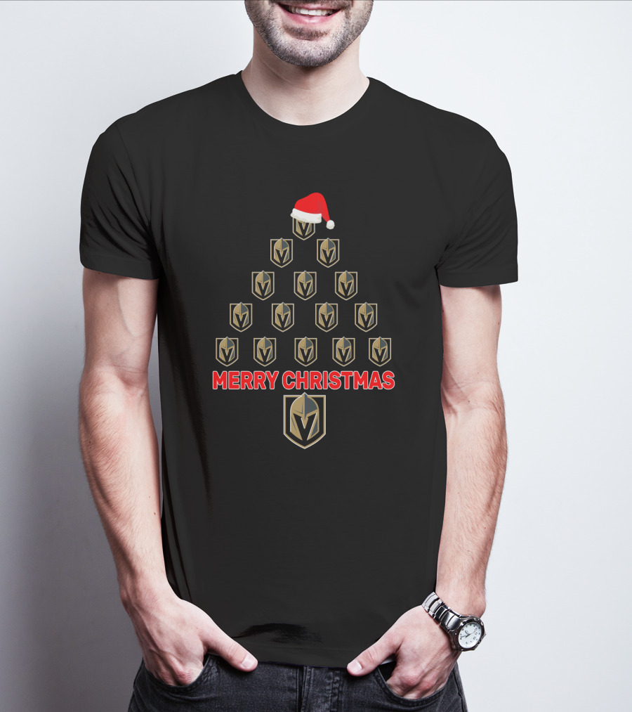 Merry Christmas Vegas Golden Knights Fan Christmas Tree With Santa Hat T-Shirt