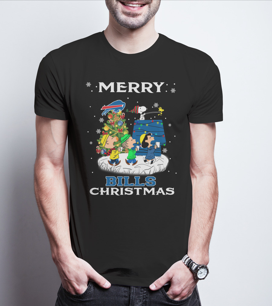Merry Buffalo Bills Christmas With Snoopy And Peanuts Festive Scene T-Shirt