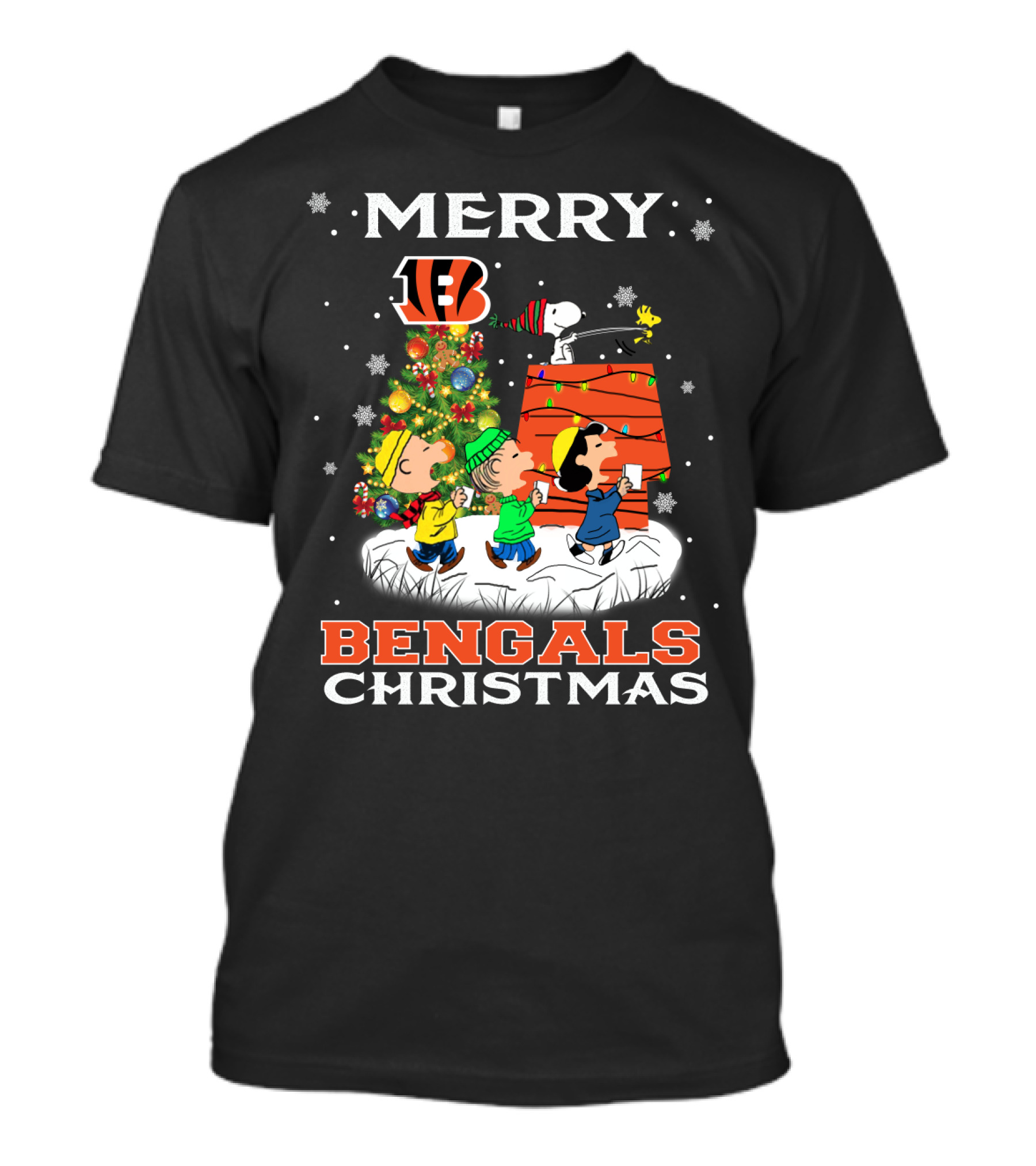 Merry Cincinnati Bengals Christmas Snoopy Woodstock Charlie Brown Linus Lucy T-Shirt