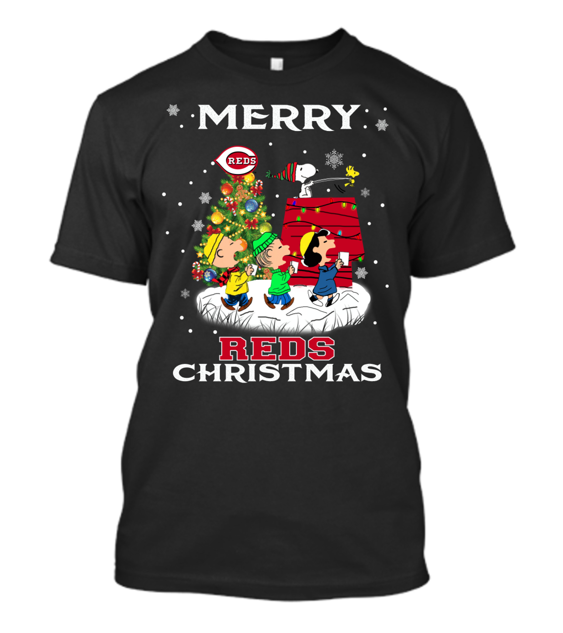 Merry Cincinnati Reds Christmas Snoopy Charlie Brown Woodstock T-Shirt