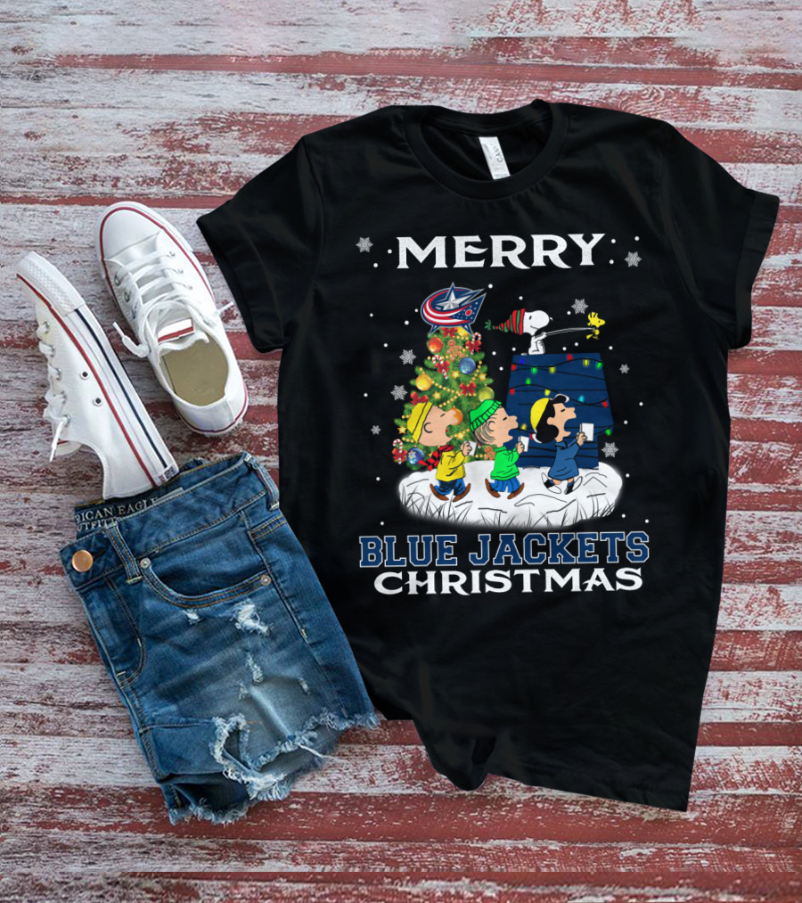 Merry Blue Jackets Christmas Snoopy With Tree And Characters T-Shirt