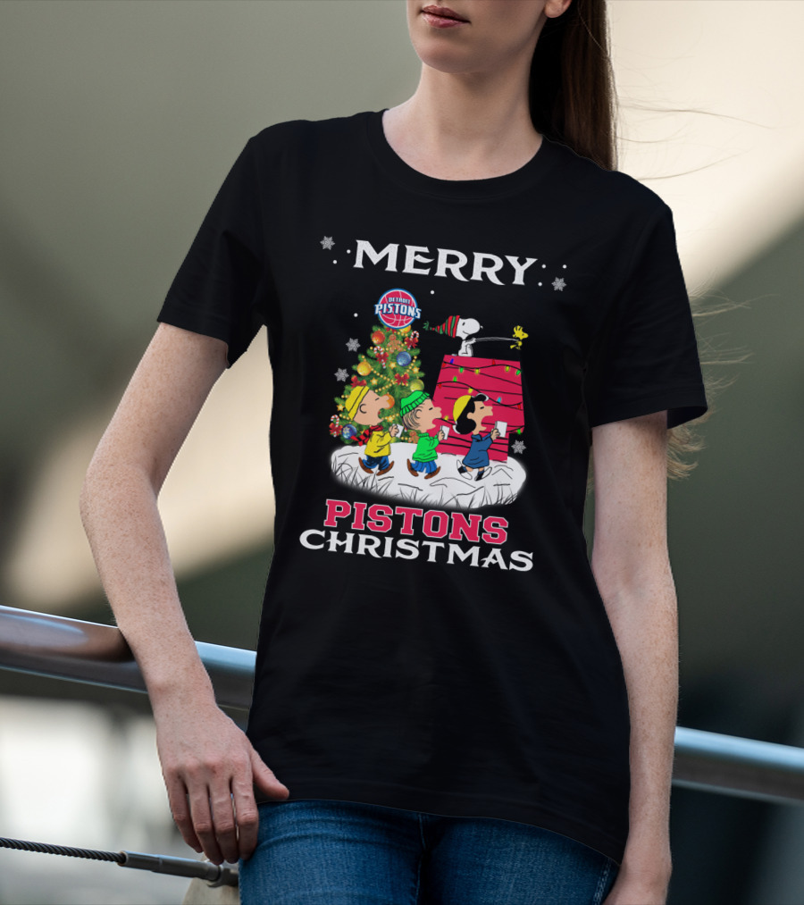 Pistons Christmas Featuring Snoopy And Friends Detroit Pistons Holiday Celebration T-Shirt