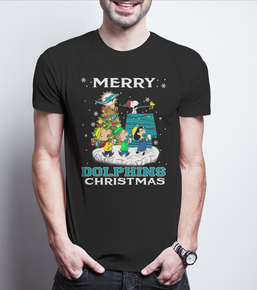Merry Miami Dolphins Christmas With Snoopy And Friends T-Shirt