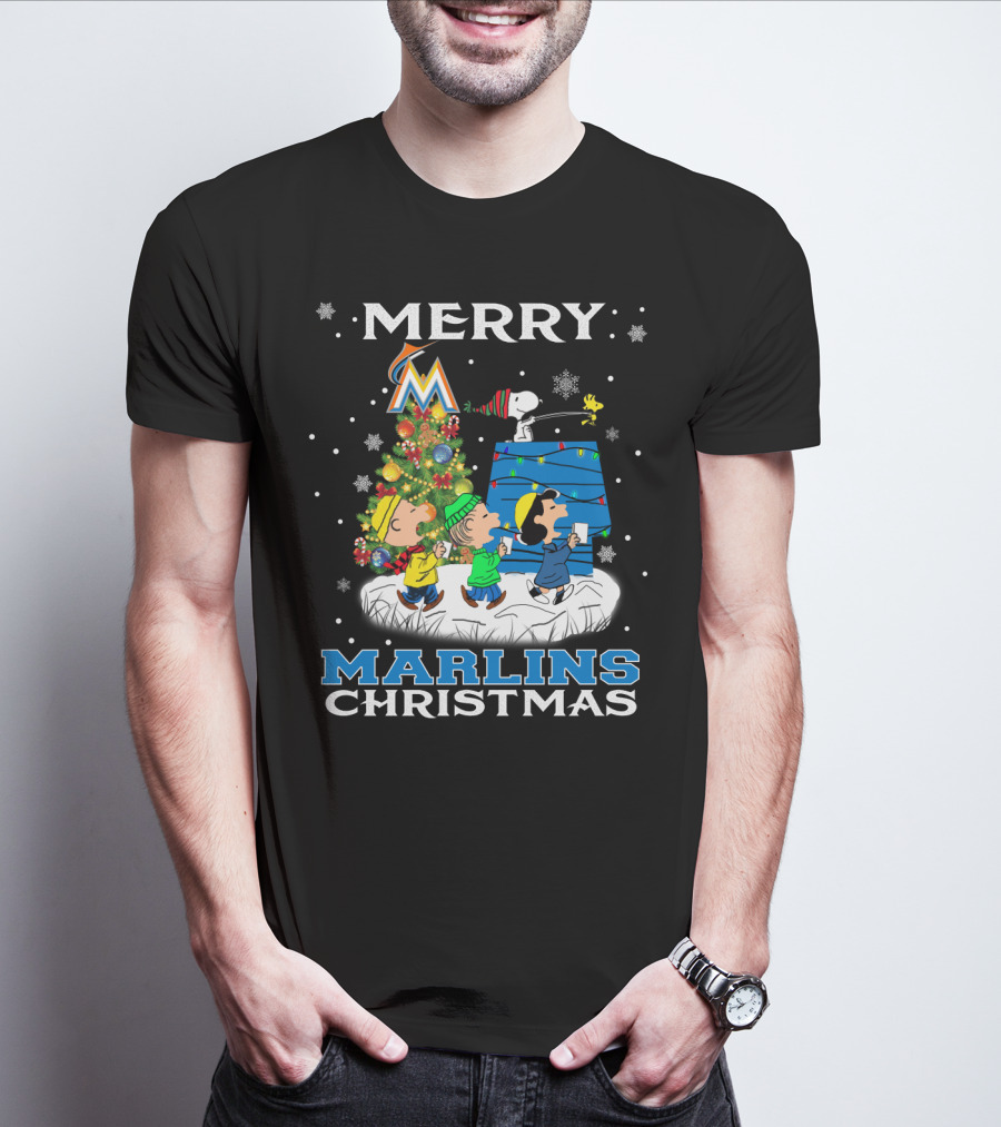 Merry Miami Marlins Christmas With Snoopy And Peanuts Characters T-Shirt