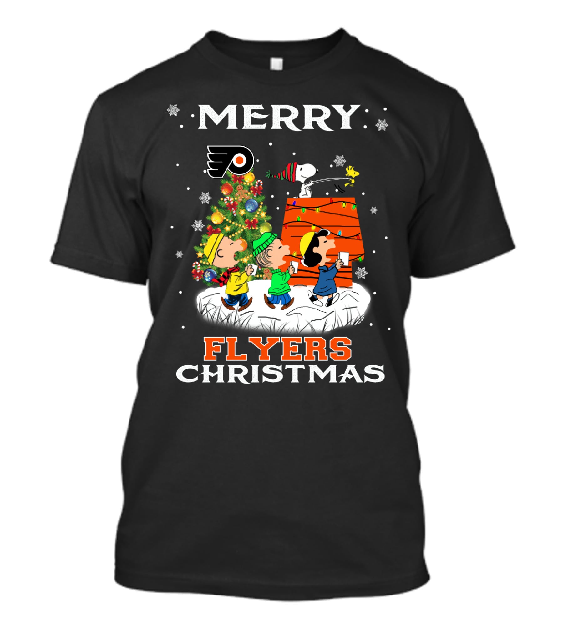 Merry Philadelphia Flyers Christmas Snoopy Tree Woodstock Lucy Charlie Brown Linus Snowflakes T-Shirt