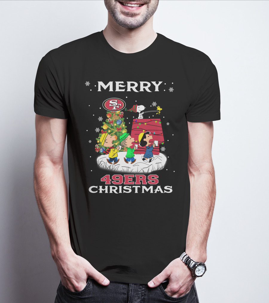 Merry 49ers Christmas Snoopy Peanuts Caroling Tree T-Shirt