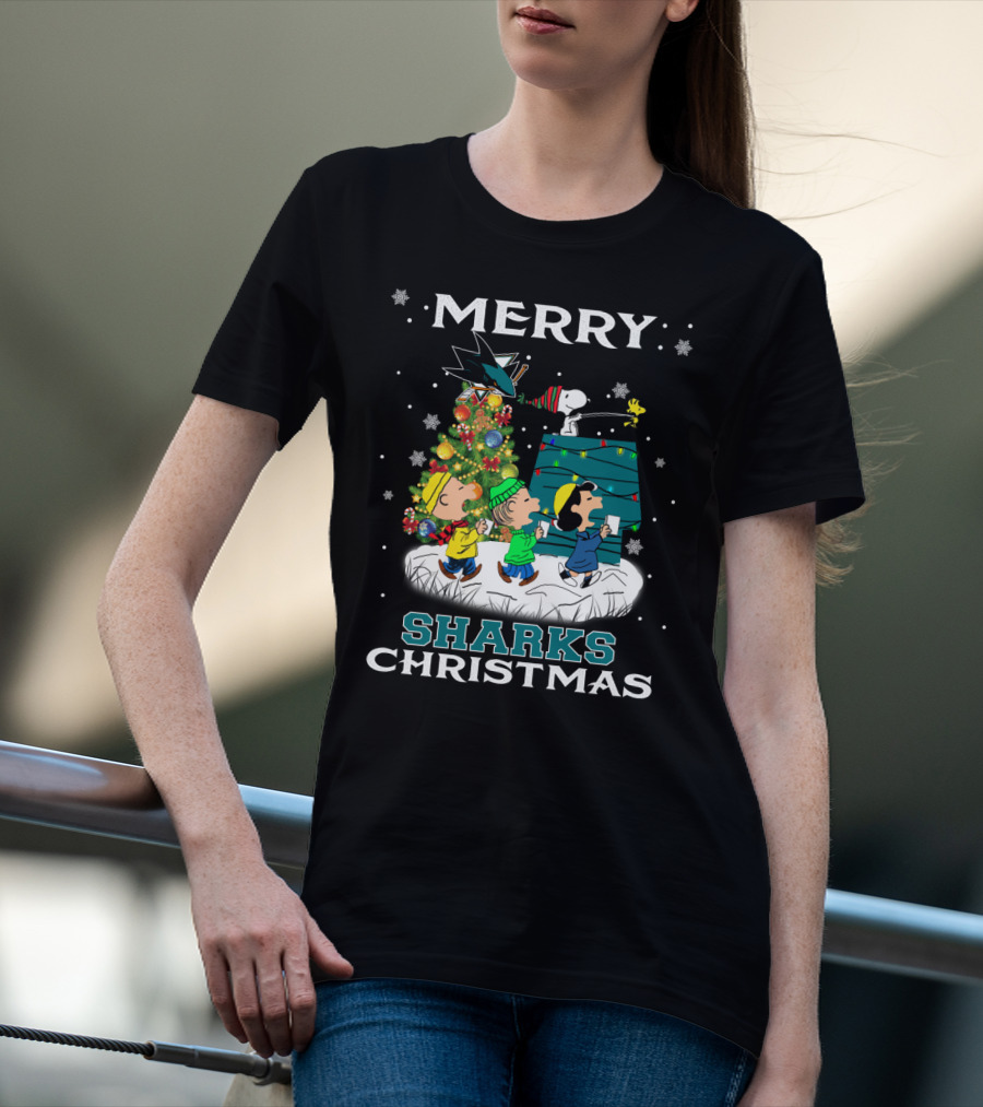 Merry San Jose Sharks Christmas With Snoopy And Peanuts Characters T-Shirt