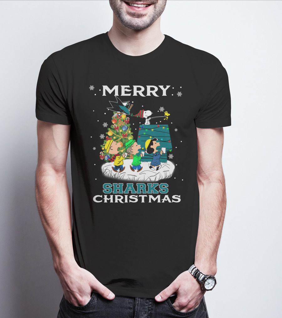 Merry San Jose Sharks Christmas With Snoopy And Peanuts Characters T-Shirt