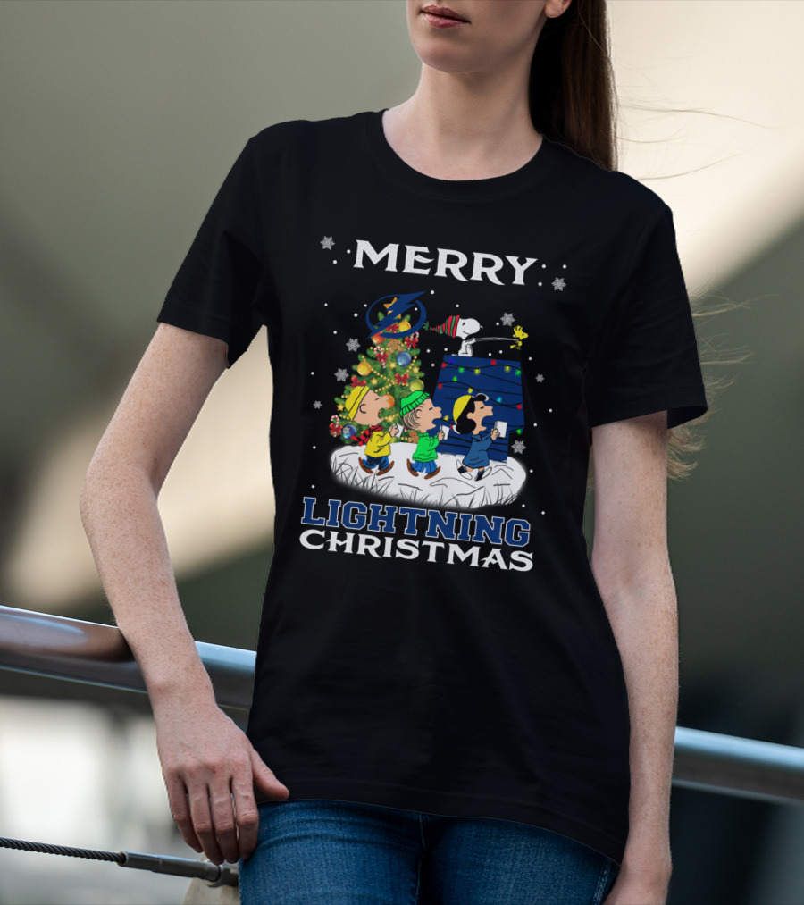 Merry Tampa Bay Lightning Christmas Snoopy Peanuts Holiday Tree T-Shirt