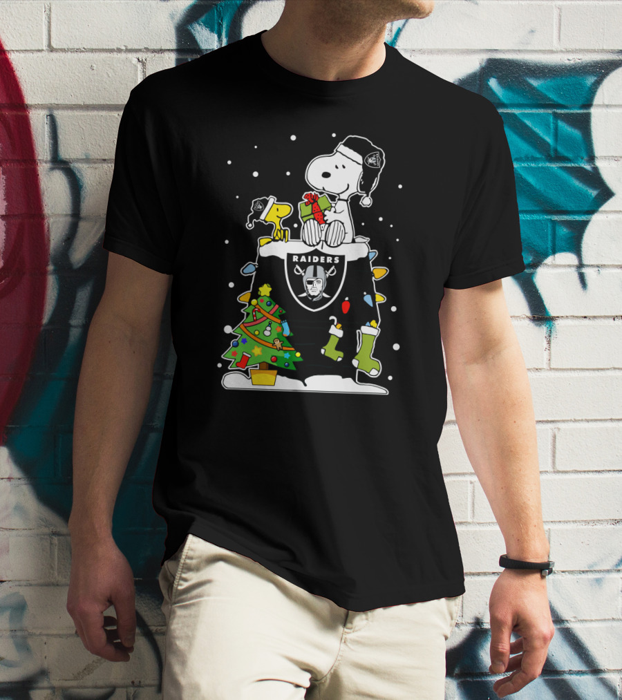 Raiders Snoopy With Christmas Tree And Woodstock T-Shirt