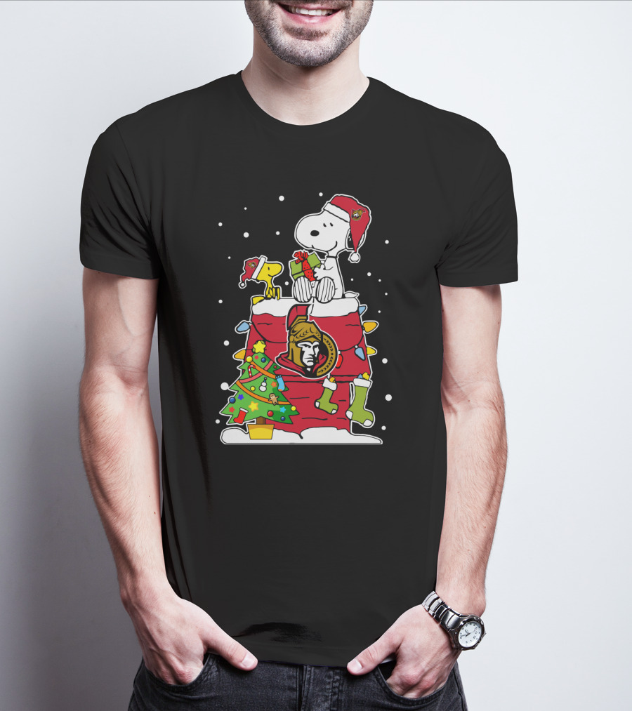 Snoopy Ottawa Senators Christmas Theme With Woodstock And Christmas Tree T-Shirt