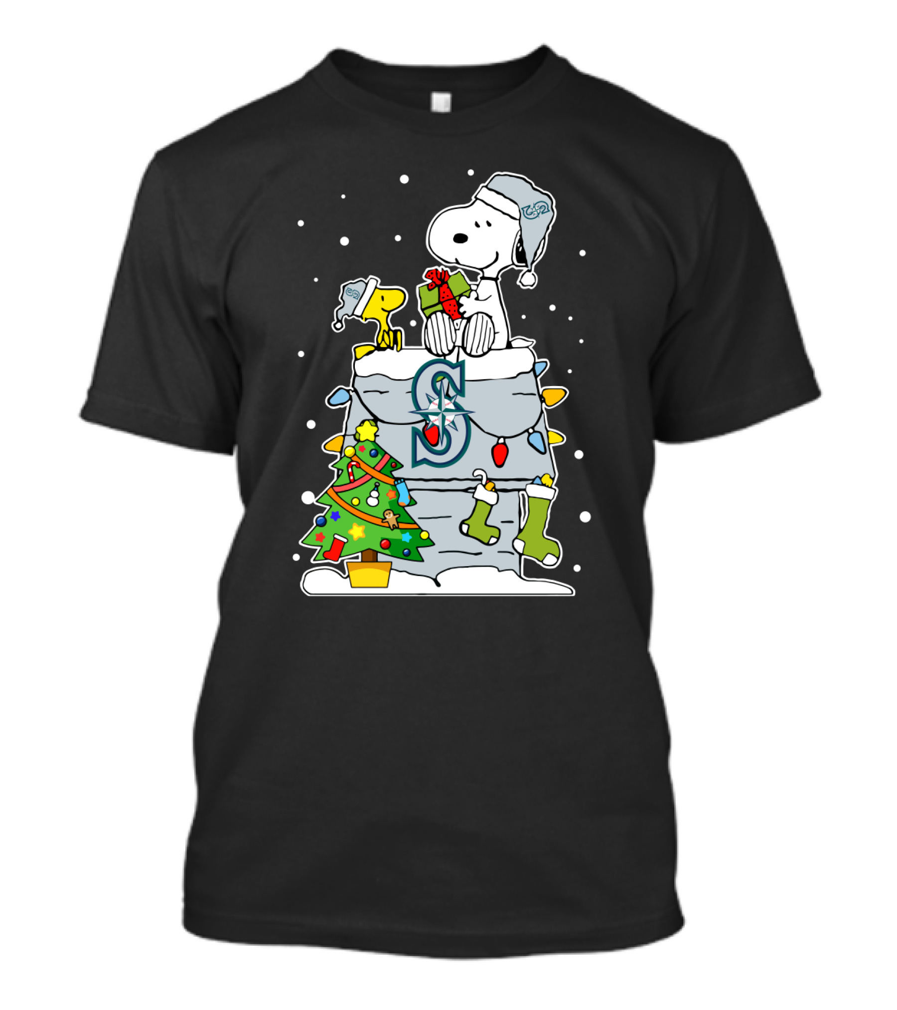 Seattle Mariners Snoopy Christmas Celebration With Woodstock And Holiday Tree T-Shirt