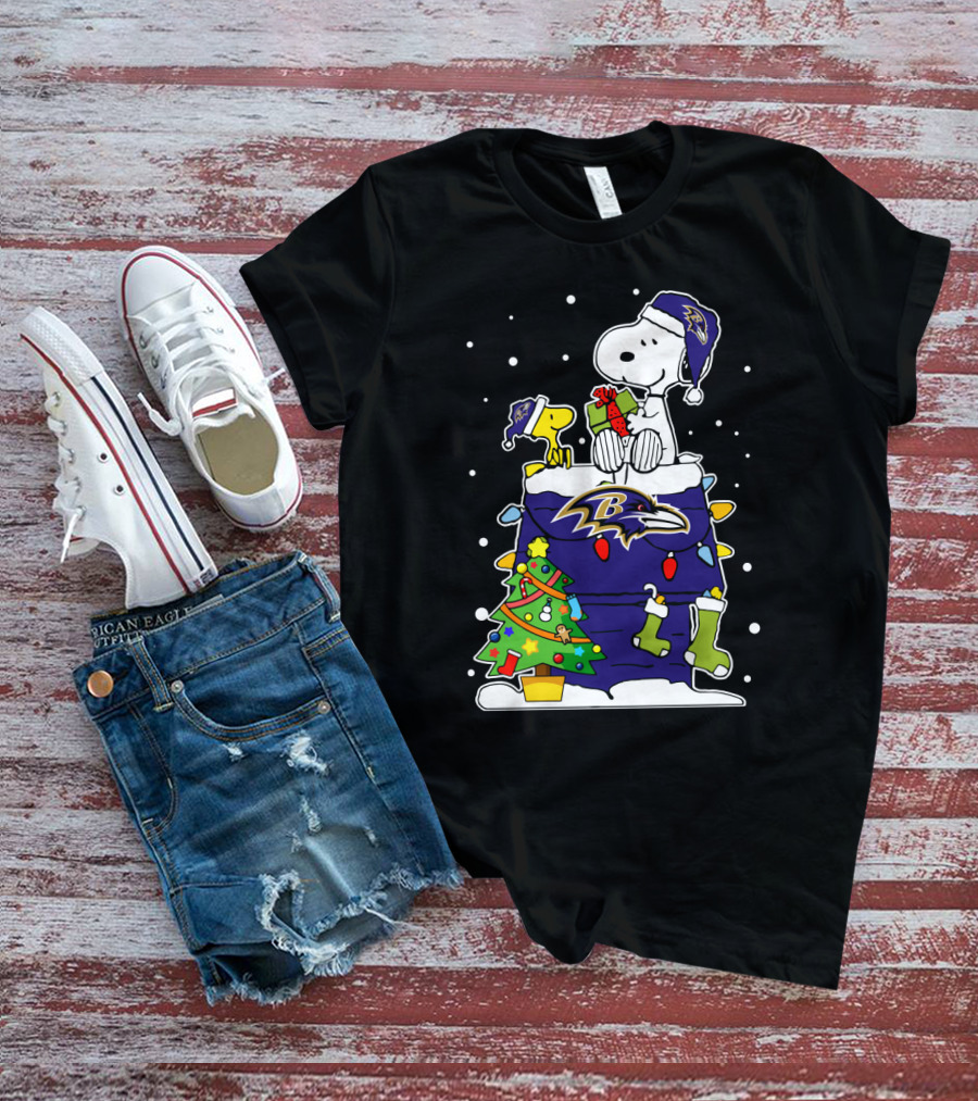 Baltimore Ravens Snoopy And Woodstock Christmas Tree Celebration T-Shirt