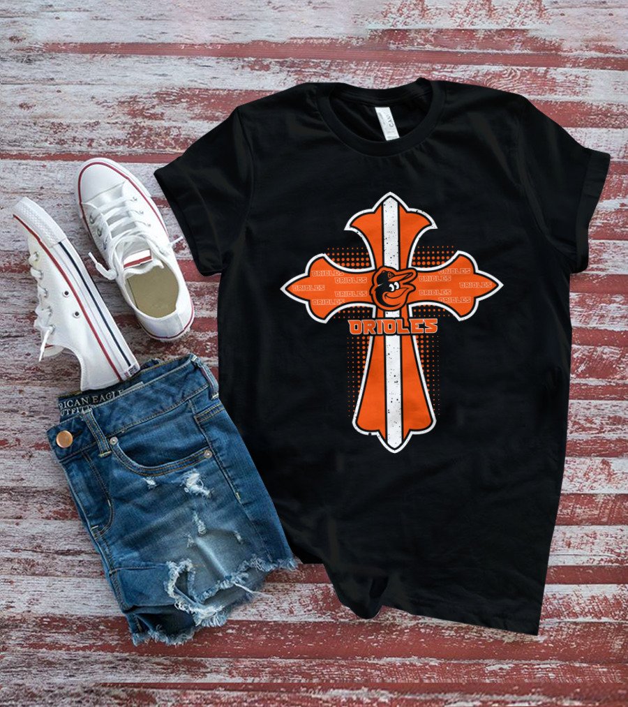 Cross Design Featuring Orioles Text And Mascot T-Shirt