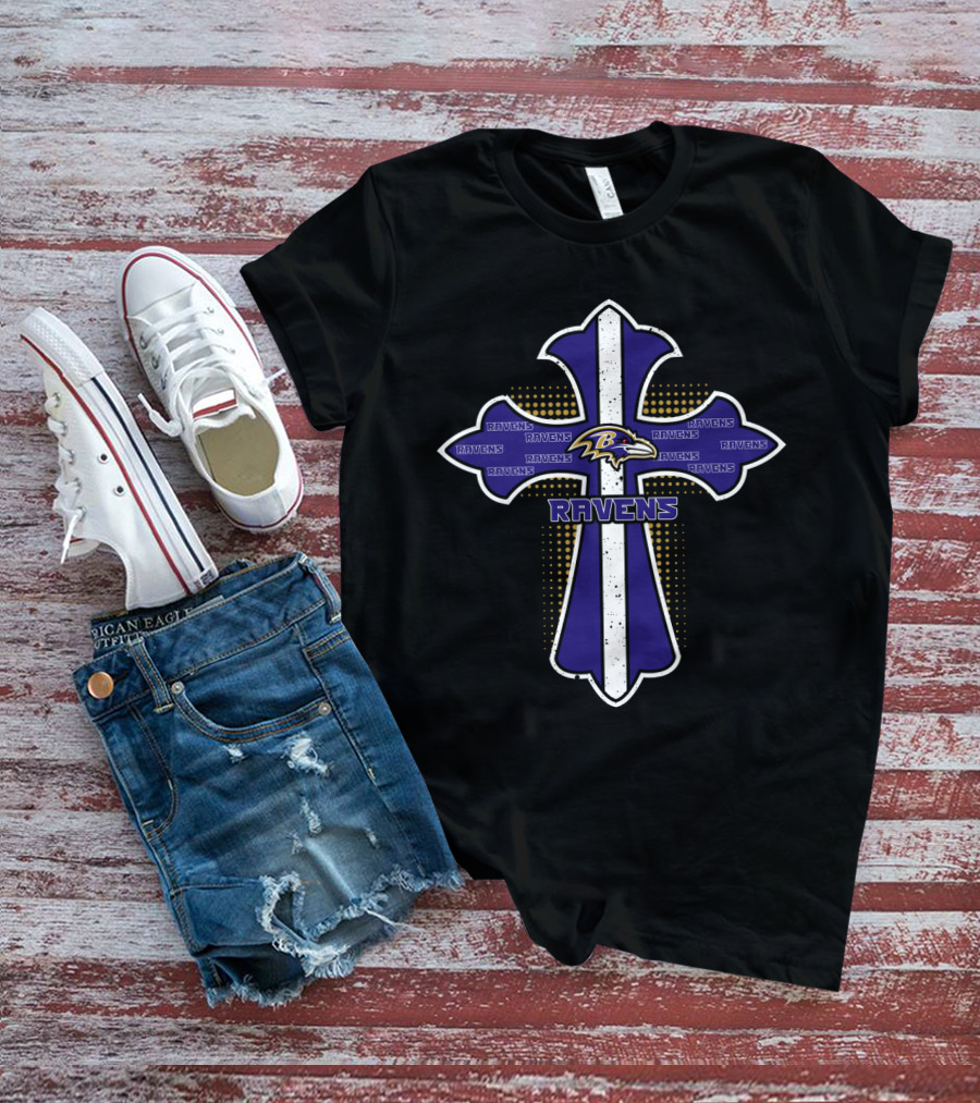 Ravens Cross Featuring Baltimore Ravens Logo And Team Spirit T-Shirt