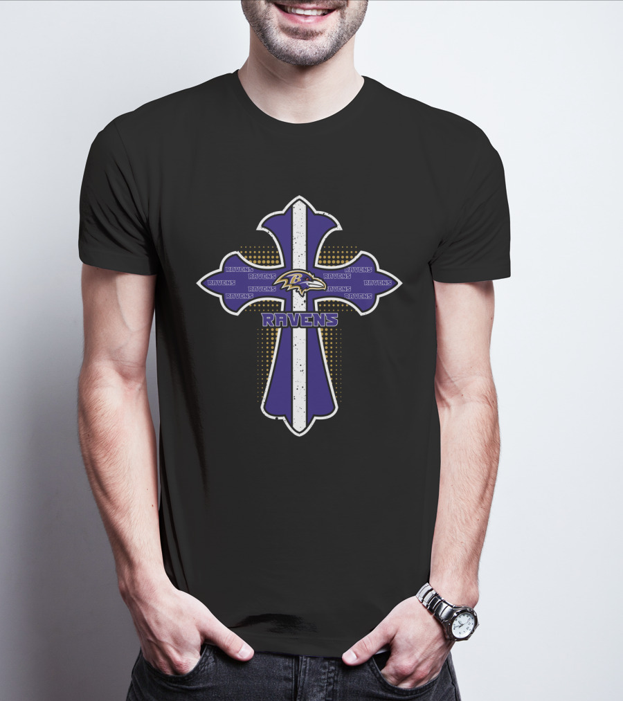 Ravens Cross Featuring Baltimore Ravens Logo And Team Spirit T-Shirt