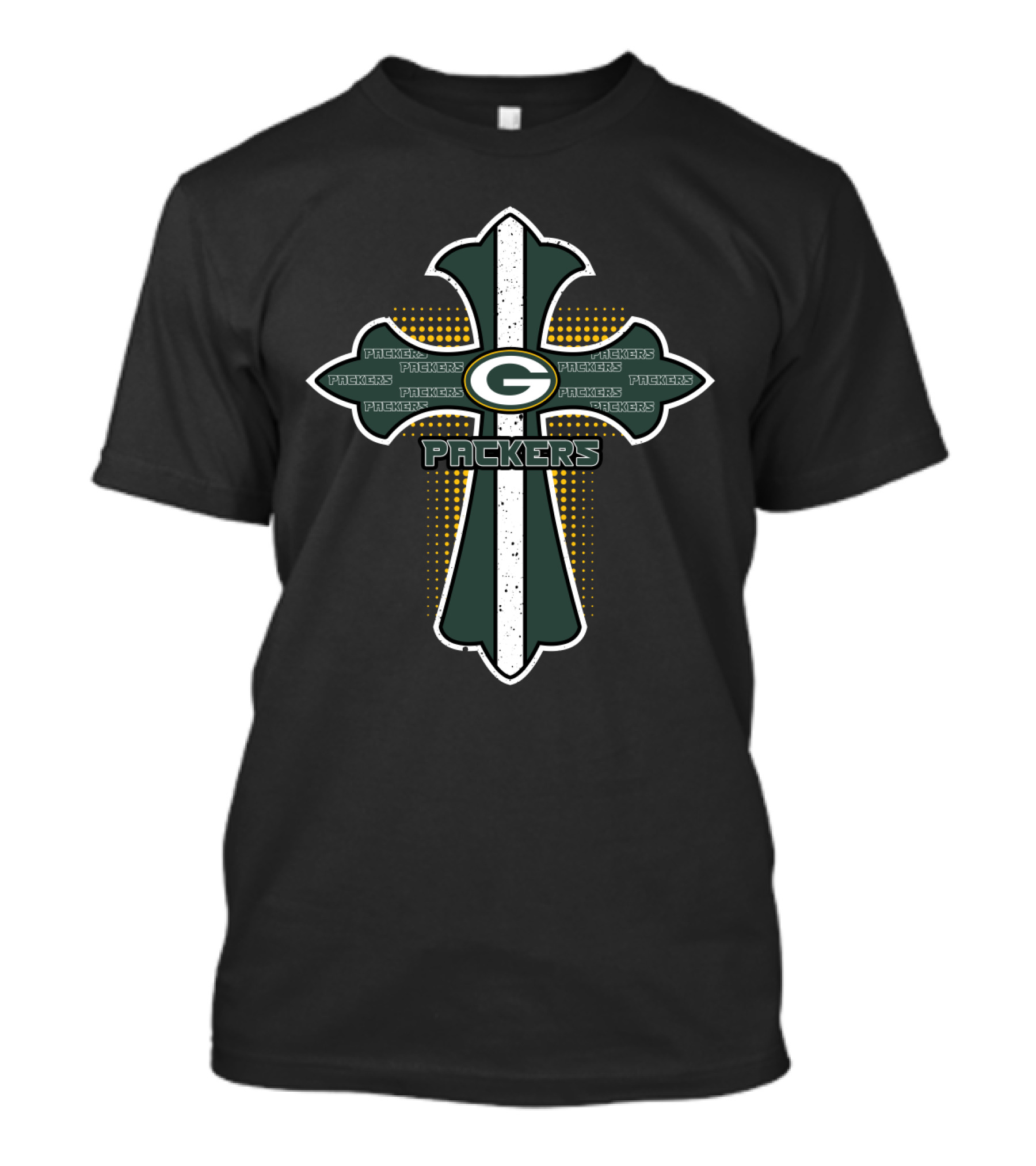 Cross Shaped Green Bay Packers Logo With Repeated Packers Text And Dotted T-Shirt