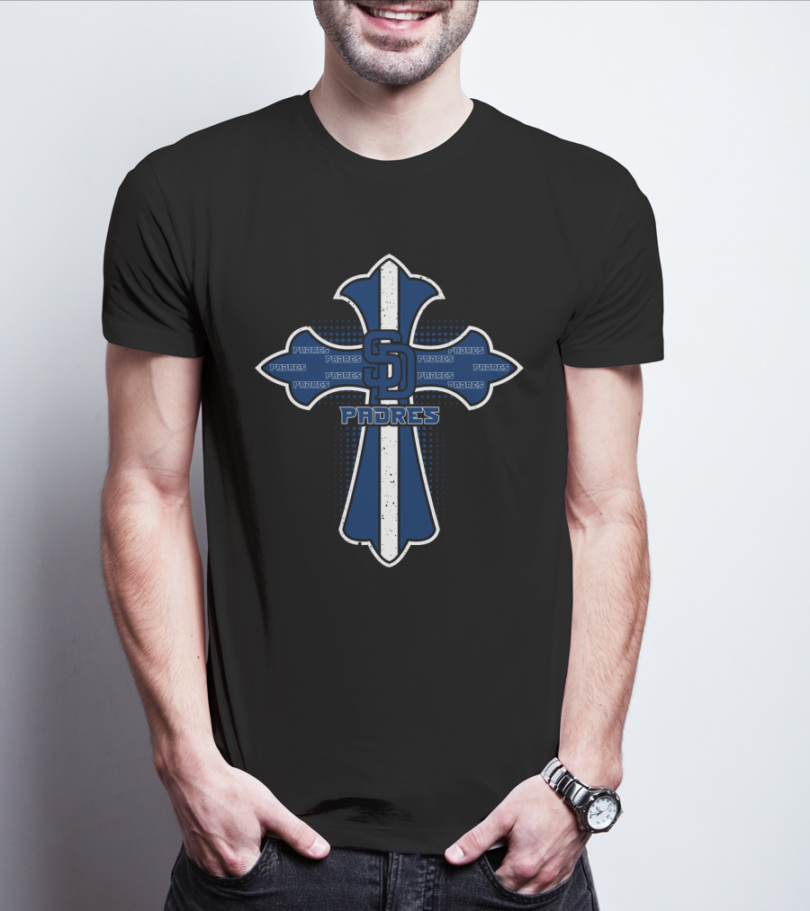 SD Padres Cross With Blue Padres Text T-Shirt