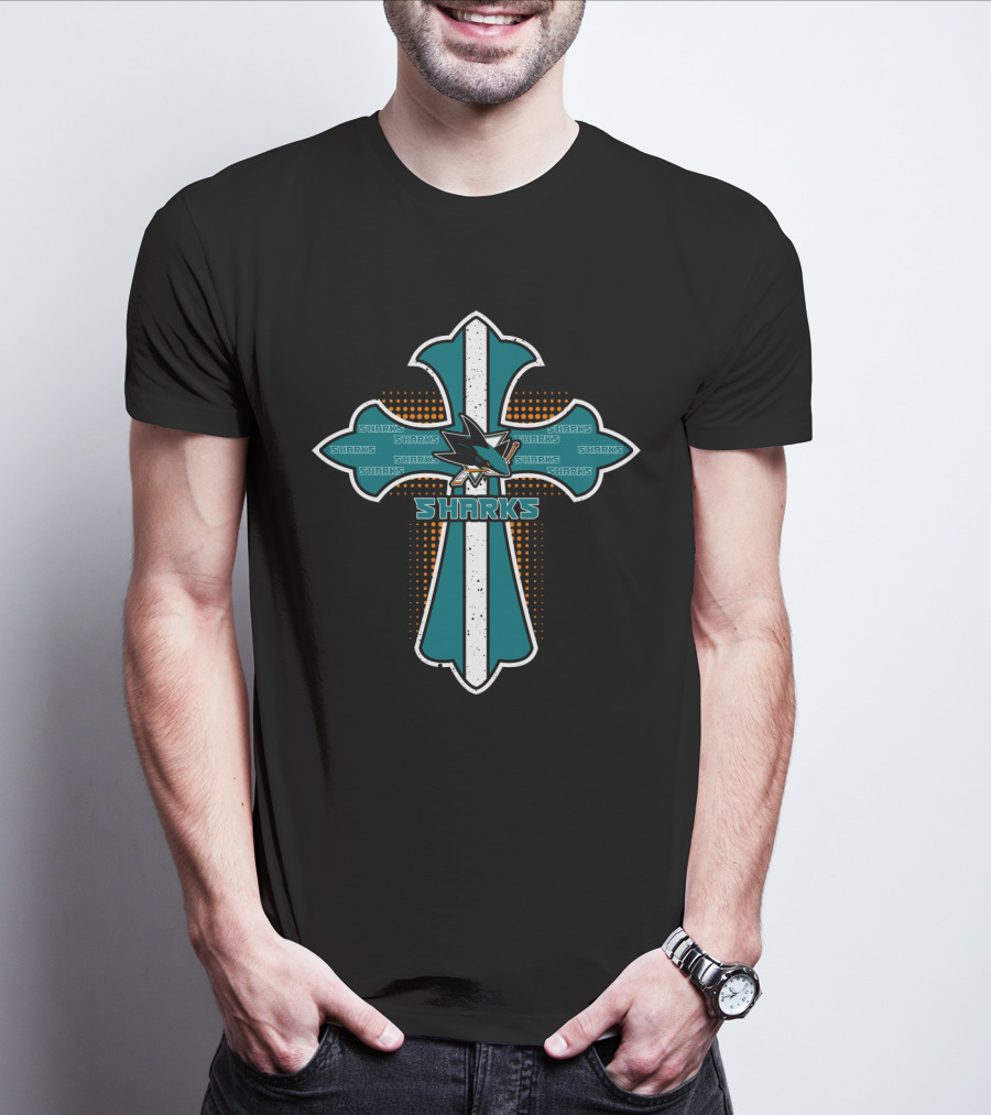 Cross With Sharks Logo For San Jose Fans T-Shirt