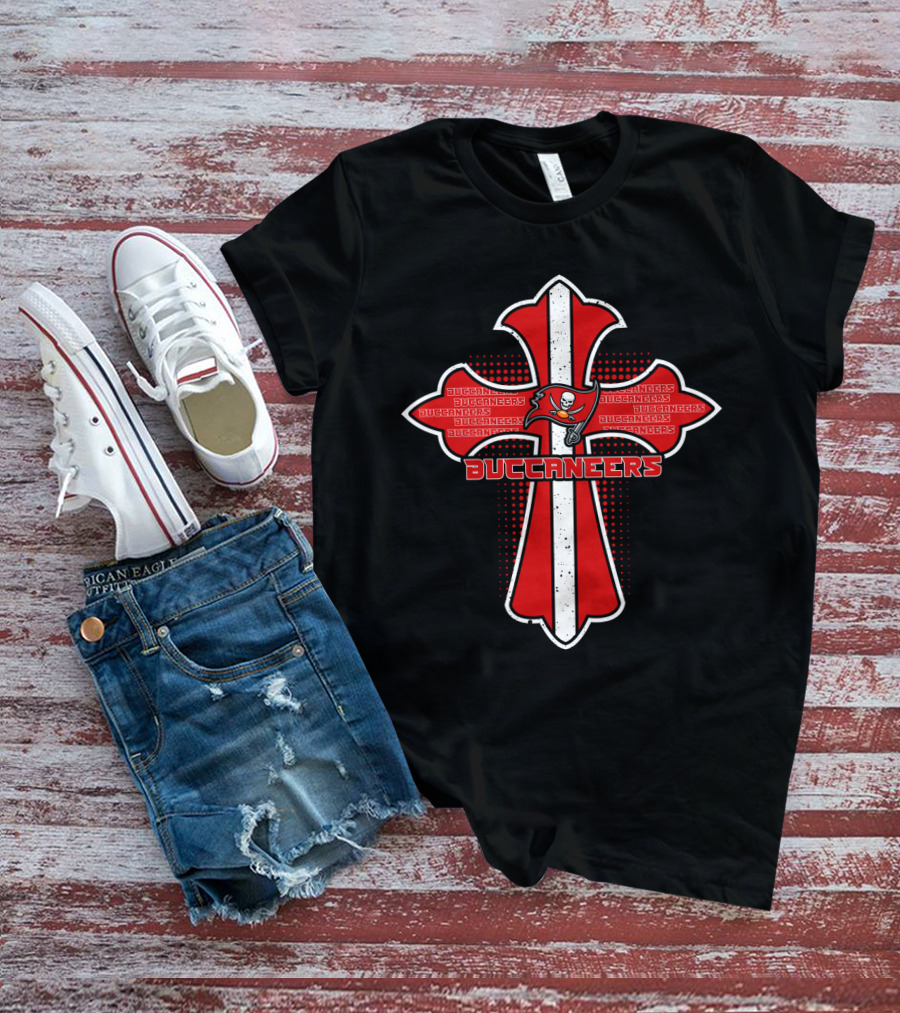 Cross Design With Tampa Bay Buccaneers Logo And Team Name T-Shirt