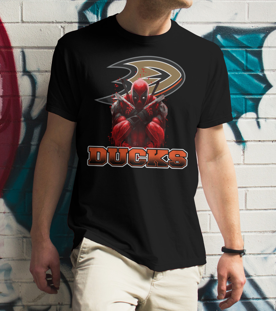Anaheim Ducks And Deadpool Mashup Featuring Iconic Logo And Comic Character T-Shirt