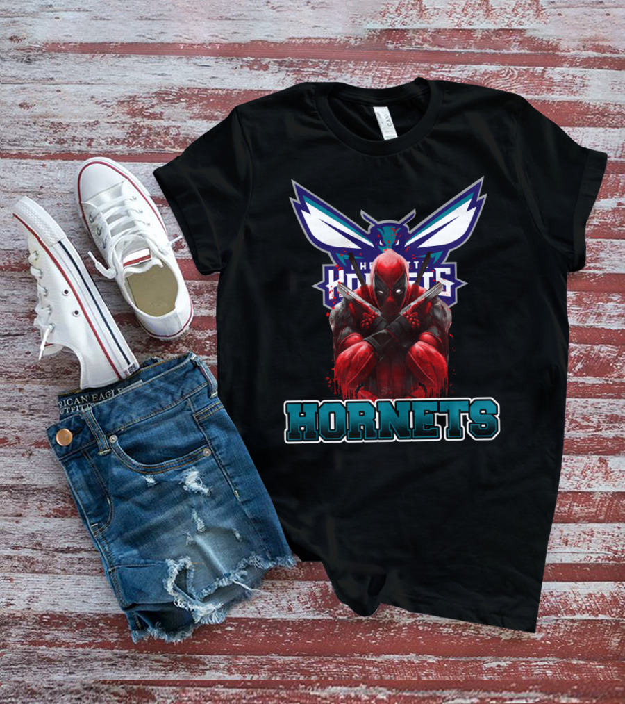 Charlotte Hornets Deadpool Crossover Fan Art Displaying Iconic Marvel Antihero With NBA Team T-Shirt