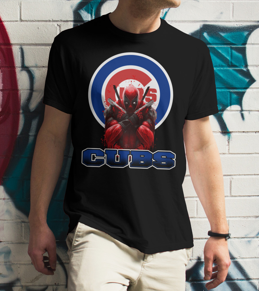 Deadpool With Crossed Swords Over Chicago Cubs Logo CUBS Text T-Shirt