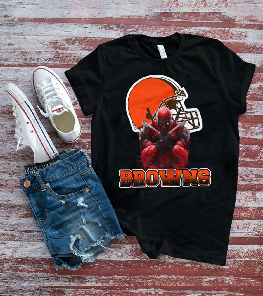 Cleveland Browns And Deadpool Crossover With Iconic Helmet And Character T-Shirt