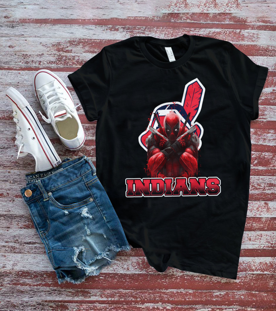 Indians Deadpool Crossover With Baseball Feather T-Shirt