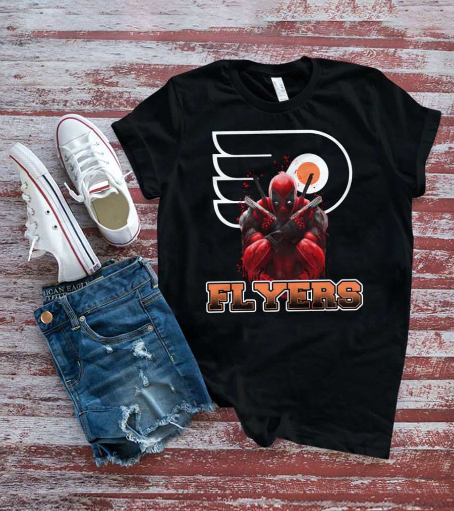 Philadelphia Flyers Deadpool Mashup With Iconic Hockey Logo And Character Crossover T-Shirt
