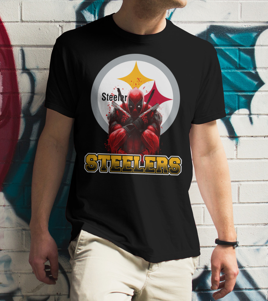 Steelers Deadpool Crossover With Pittsburgh Steelers Logo And Character Pose T-Shirt
