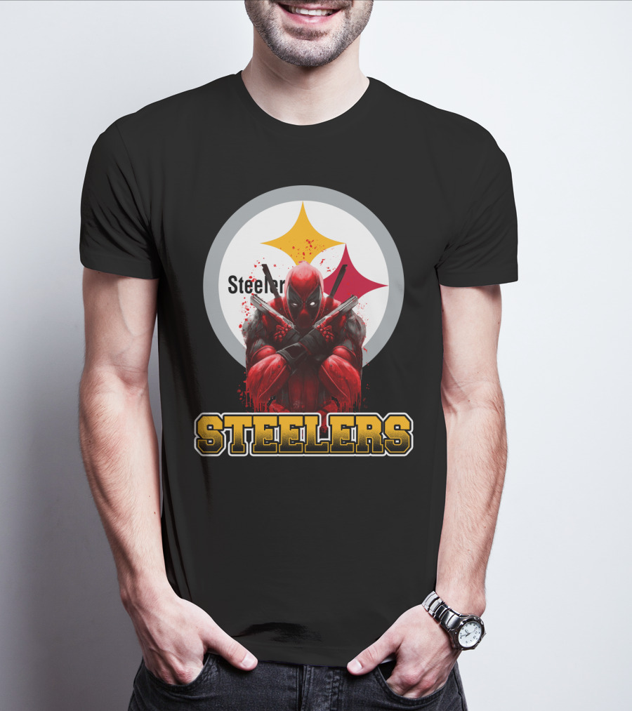 Steelers Deadpool Crossover With Pittsburgh Steelers Logo And Character Pose T-Shirt