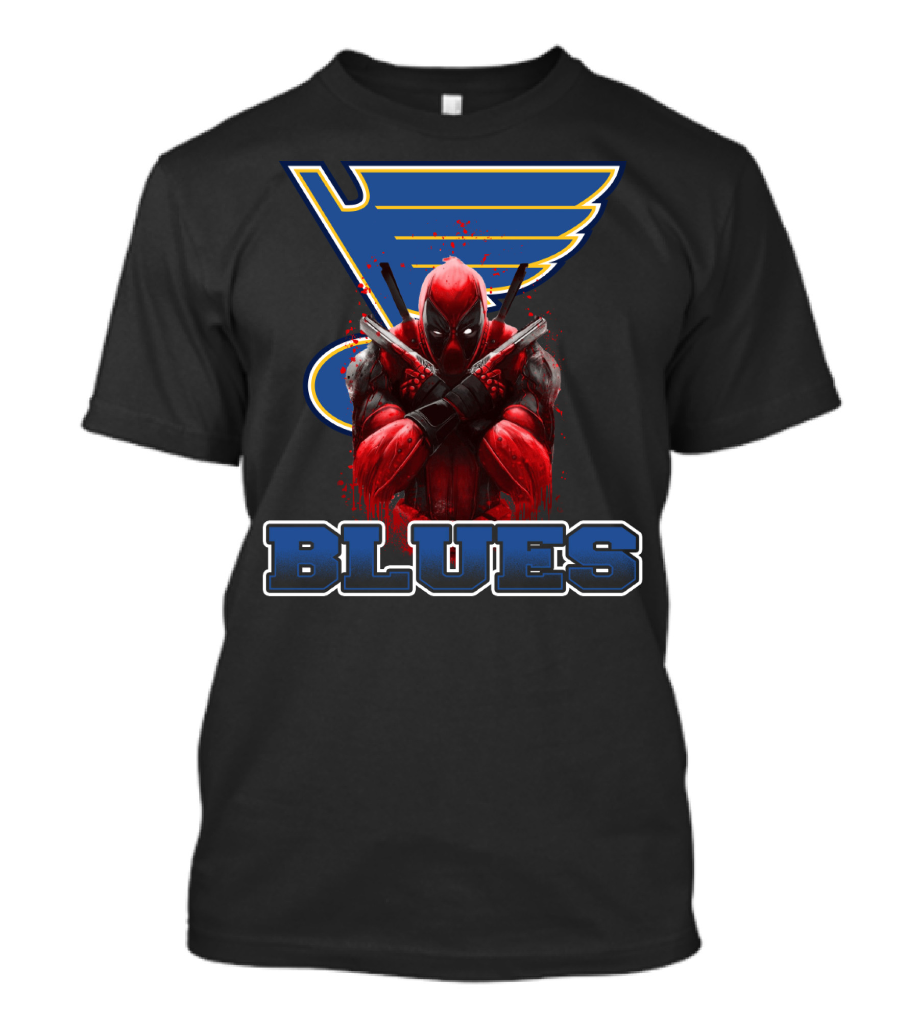 St. Louis Blues And Deadpool Crossover Fan Art With Iconic Blue And Yellow Hockey T-Shirt